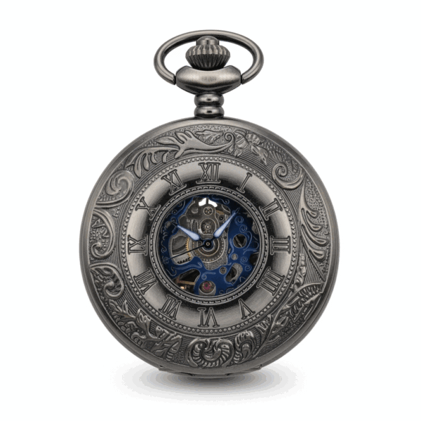 FAC-097-pocket-watch-1 Wavy Black Half Hunter Pocket Watch With Blue pocket watch
