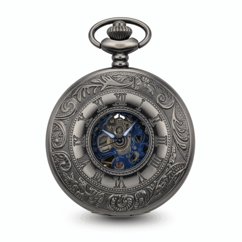 Wavy Black Half Hunter Pocket Watch With Blue