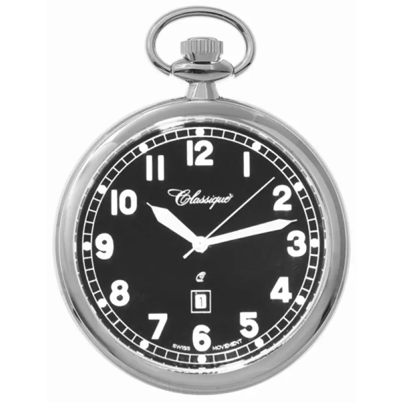 Gents 48mm Rhodium Plated Black Dial Open Face Swiss Quartz Pocket Watch