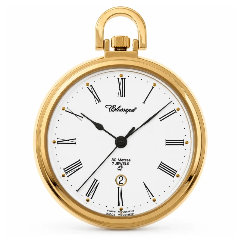 Gents 43mm Open Face Gold Plated Stainless Steel 50M Swiss Quartz Pocket Watch