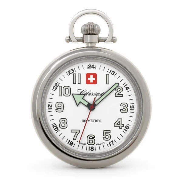 Gents 48mm Open Face Stainless Steel Swiss Quartz Pocket Watch With Complimentary Chain - image 1 Gents 48mm Open Face Stainless Steel Swiss Quartz Pocket Watch With Complimentary Chain