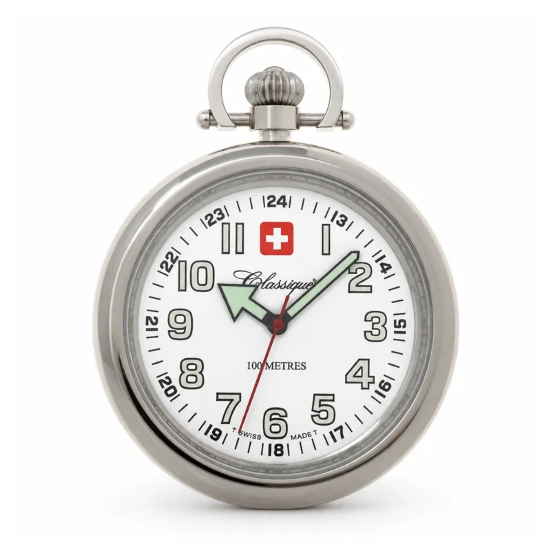 Gents 48mm Open Face Stainless Steel Swiss Quartz Pocket Watch With Complimentary Chain