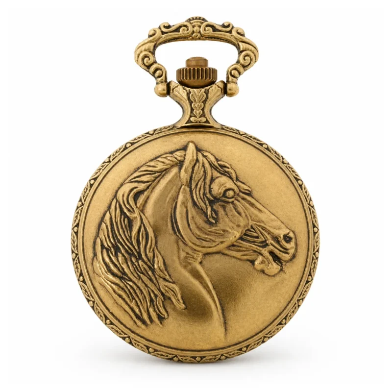 Gents 48mm Pewter Antique Gold Plated “Equestrian” Swiss Quartz Pocket Watch – image 2 Gents 48mm Pewter Antique Gold Plated "Equestrian" Swiss Quartz Pocket Watch
