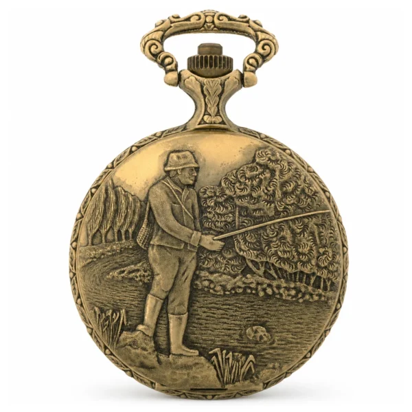 Gents 48mm Pewter Antique Gold Plated "Fisherman" Swiss Quartz Pocket Watch - image 1 Gents 48mm Pewter Antique Gold Plated "Fisherman" Swiss Quartz Pocket Watch