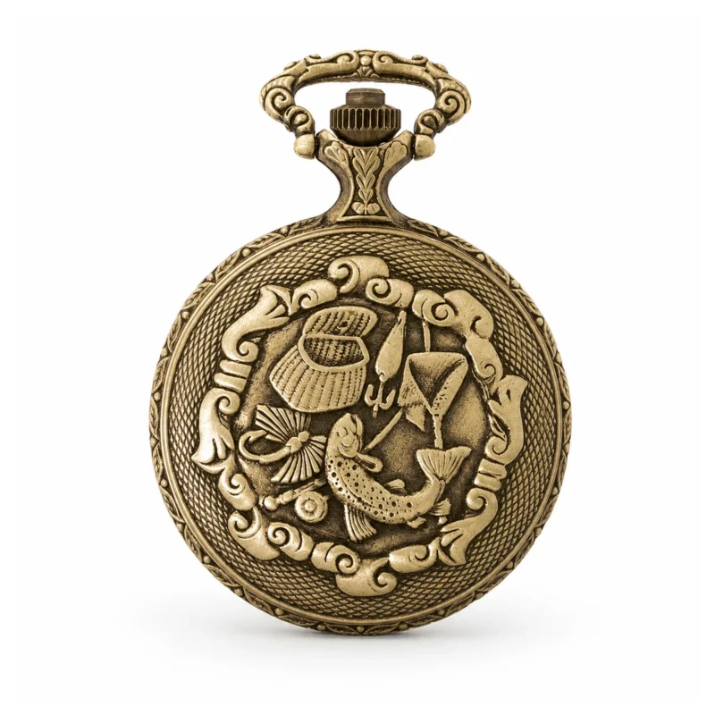Gents 48mm Pewter Antique Gold Plated “Fisherman” Swiss Quartz Pocket Watch – image 2 Gents 48mm Pewter Antique Gold Plated "Fisherman" Swiss Quartz Pocket Watch