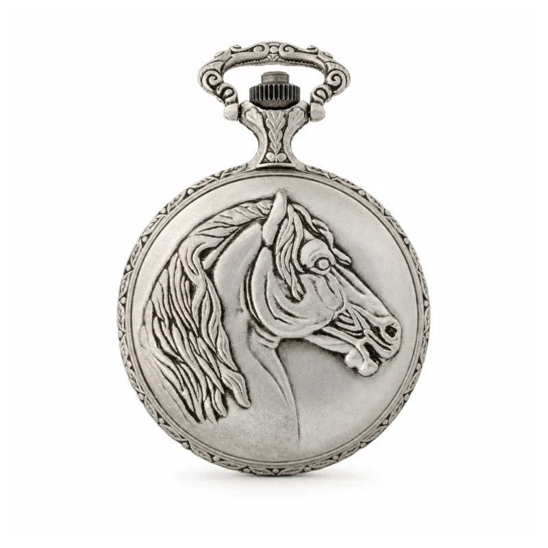 Gents 48mm Pewter Antique Two Tone Gold Plated "Three Horses" Swiss Quartz Pocket Watch