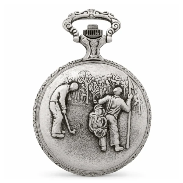 Gents 48mm Pewter Antique Rhodium Plated "Golf" Swiss Quartz Pocket Watch