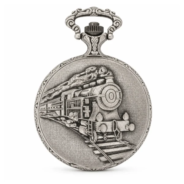 Gents 48mm Pewter Antique Rhodium Plated "Train" Swiss Quartz Pocket Watch - image 1 Gents 48mm Pewter Antique Rhodium Plated "Train" Swiss Quartz Pocket Watch