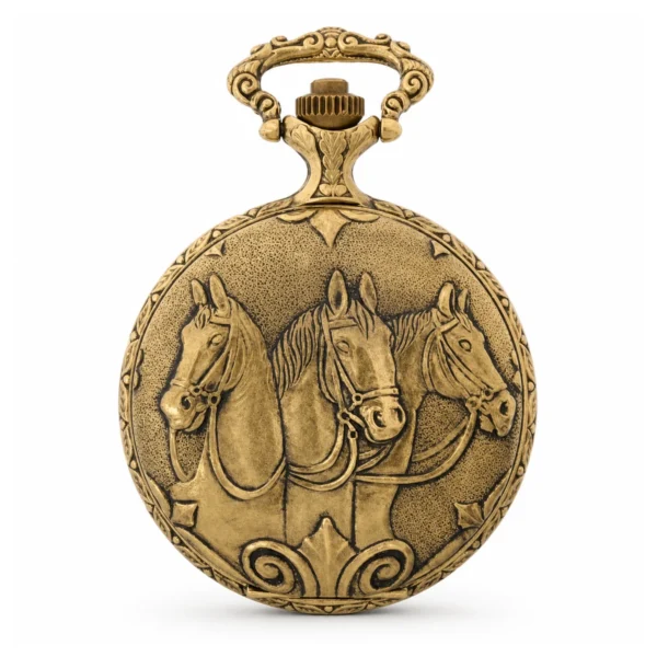 Gents 48mm Pewter Antique Gold Plated "Three Horses" Swiss Quartz Pocket Watch - image 2 Gents 48mm Pewter Antique Gold Plated "Three Horses" Swiss Quartz Pocket Watch
