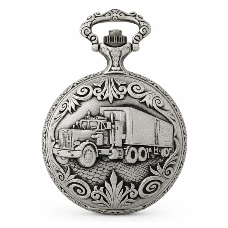Gents 48mm Pewter Antique Rhodium Plated “Truck” Swiss Quartz Pocket Watch – image 2 Gents 48mm Pewter Antique Rhodium Plated "Truck" Swiss Quartz Pocket Watch