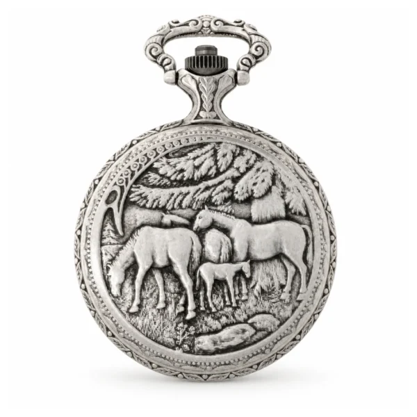 Gents 48mm Pewter Antique Rhodium Plated "Two Horses" Swiss Quartz Pocket Watch