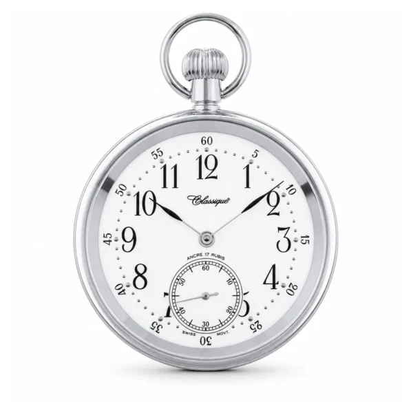 Gents 49mm Stainless Steel Mechanical Open Face Swiss Made Pocket Watch - image 2 Gents 49mm Stainless Steel Mechanical Open Face Swiss Made Pocket Watch