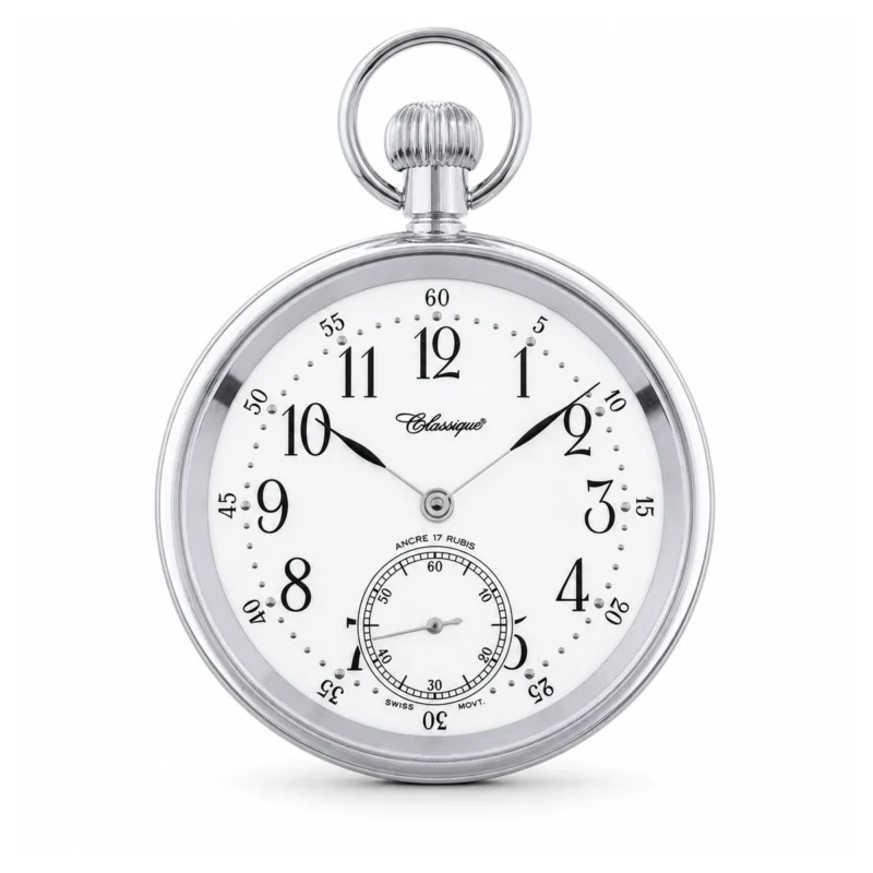 Gents 49mm Stainless Steel Mechanical Open Face Swiss Made Pocket Watch – image 2 Gents 49mm Stainless Steel Mechanical Open Face Swiss Made Pocket Watch