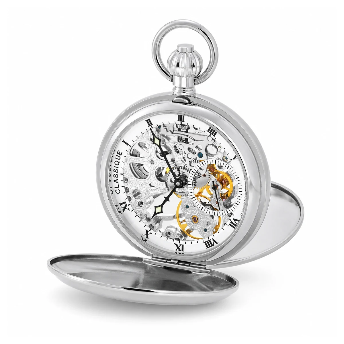Gents 49mm Rhodium Steel Skeleton Mechanical Pocket Watch