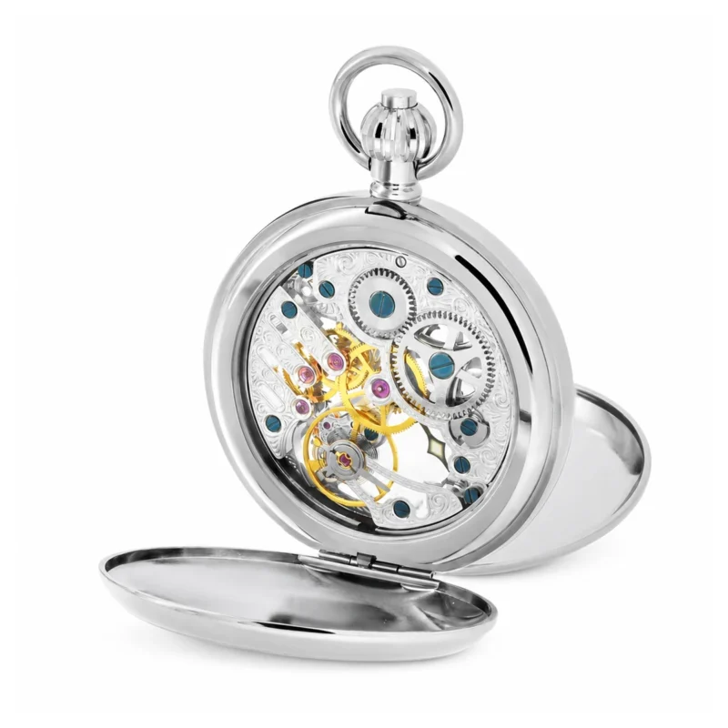 Gents 49mm Rhodium Steel Skeleton Mechanical Pocket Watch