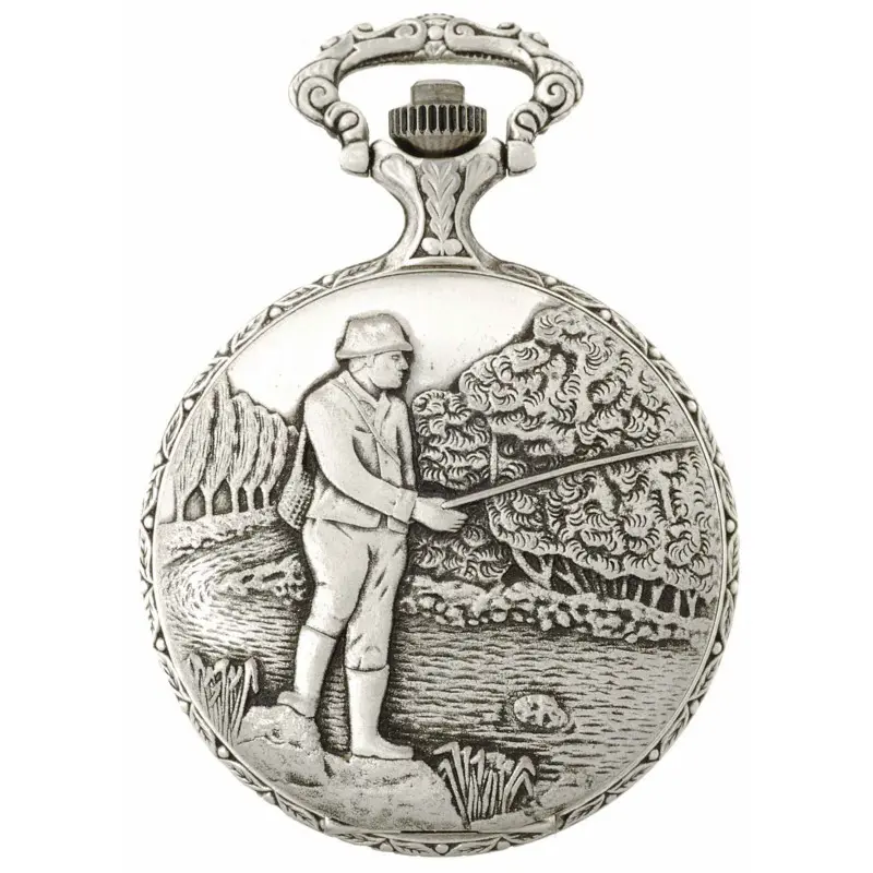 Gents 48mm Pewter Antique Rhodium Plated "Fisherman" Swiss Quartz Pocket Watch