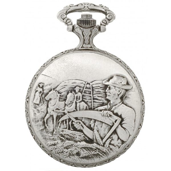 Gents 48mm Pewter Antique Rhodium Plated “Farmer” Swiss Quartz Pocket Watch