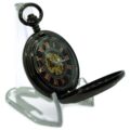 Clear acrylic pocket watch display stand holding a pocket watch