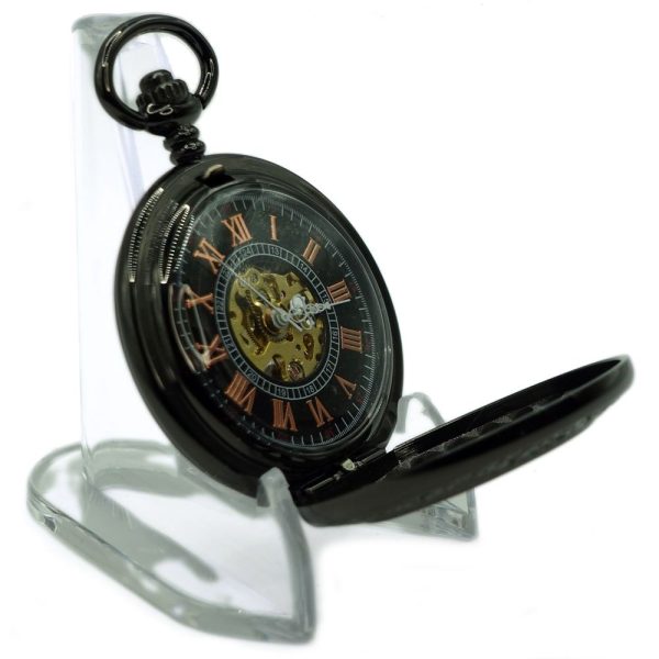 Clear acrylic pocket watch display stand holding a pocket watch