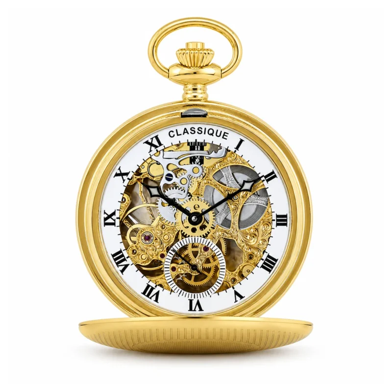 Gents 42mm Sterling Silver Hand Engraved Skeleton Mechanical "Titan" Pocket Watch