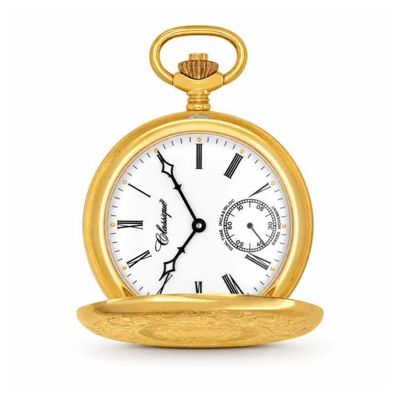 Gents 18ct Solid Gold Engraved Dual Time "Majesty" Swiss Quartz Pocket Watch