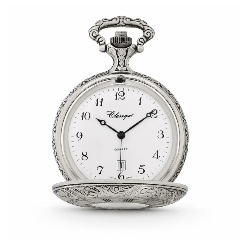 Gents 48mm Pewter Antique Rhodium Plated "Hemingway" Swiss Quartz Pocket Watch