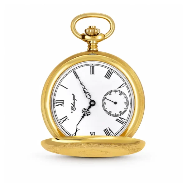 Gents 18ct Solid Gold Engraved Dual Time "Grandeur" Swiss Quartz Pocket Watch