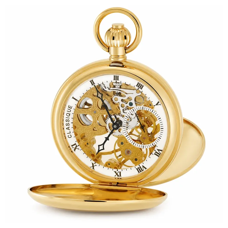 A gold-plated skeleton pocket watch with an open cover