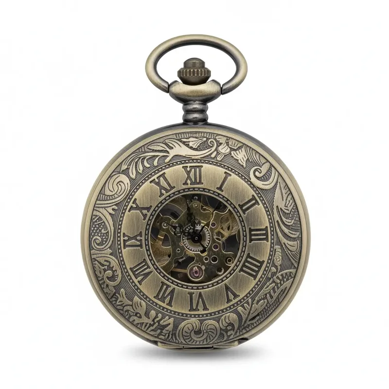 A half hunter pocket watch with a patterned cover and Roman numerals
