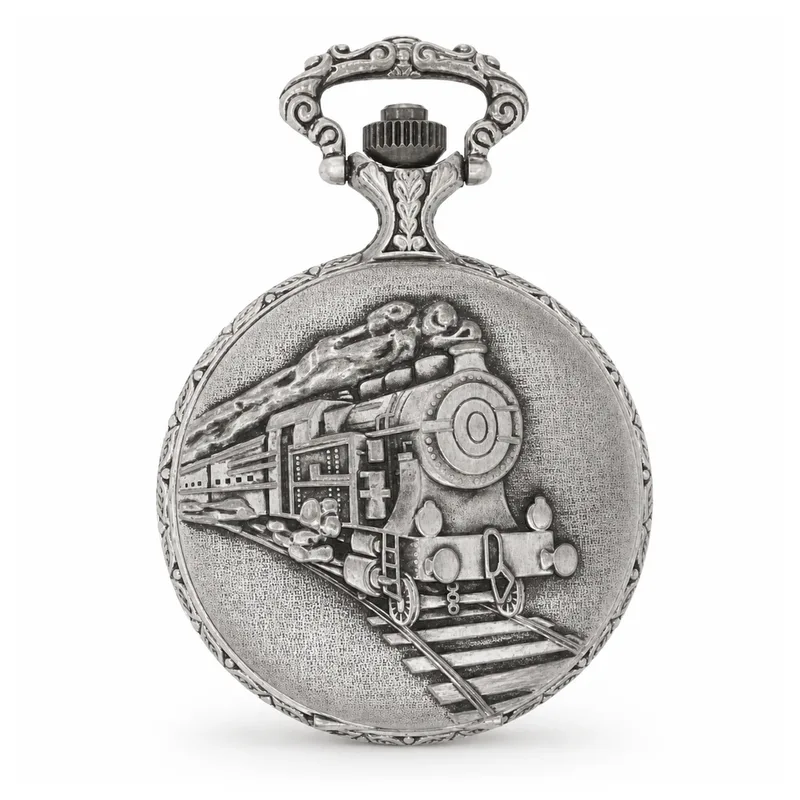 An antique-style pewter pocket watch with an engraved steam locomotive