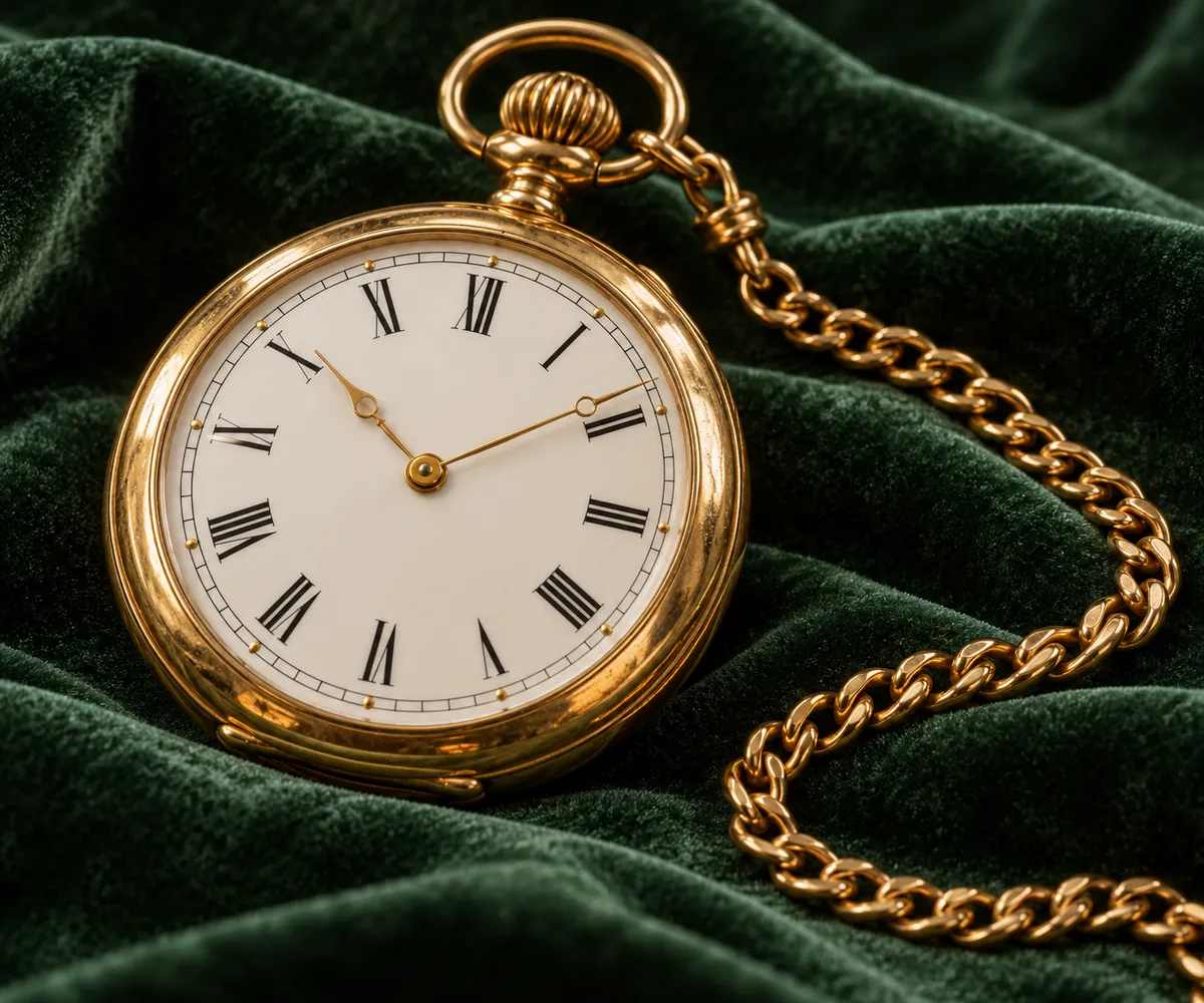 Yellow gold pocket watch with a white dial and chain on green velvet