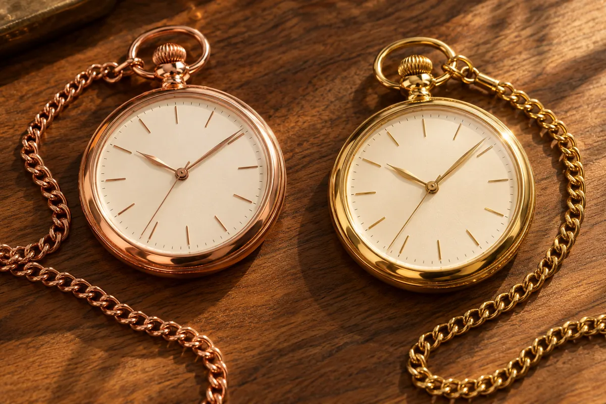 Rose gold and yellow gold pocket watches on a walnut surface