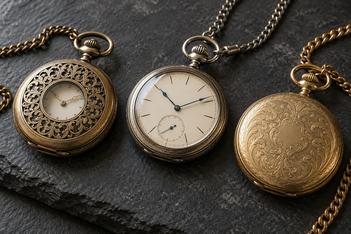 Three pocket watch case styles on slate: patterned half hunter, open face and full hunter