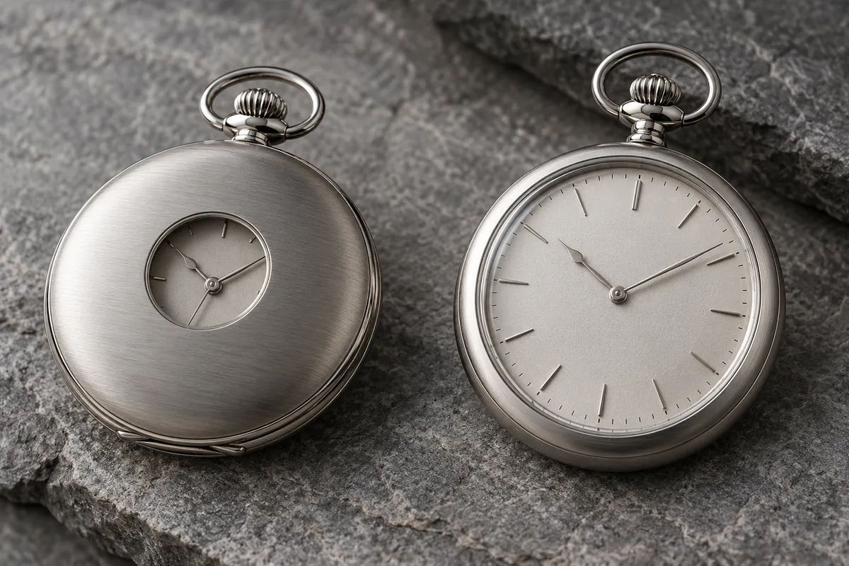 Brushed silver half hunter and an open face silver pocket watch on grey stone
