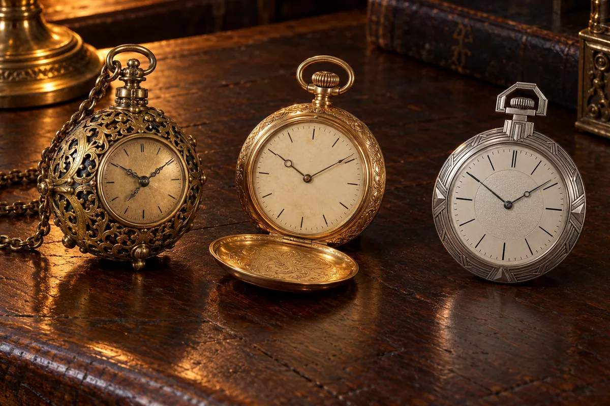 Three historic pocket watches from different eras on a dark wooden table